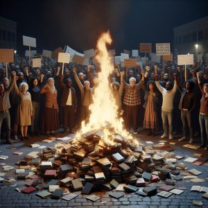 Book burning protest.