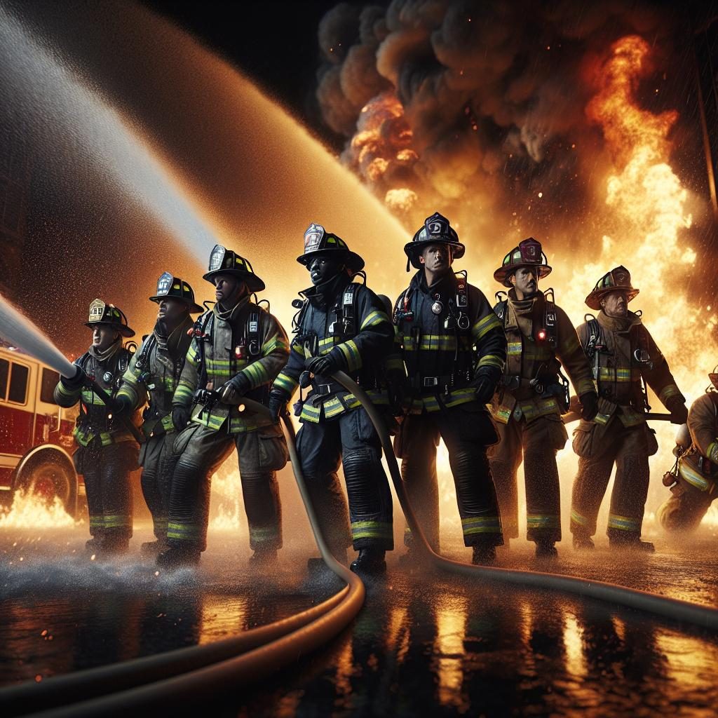 Firefighters battling raging flames.