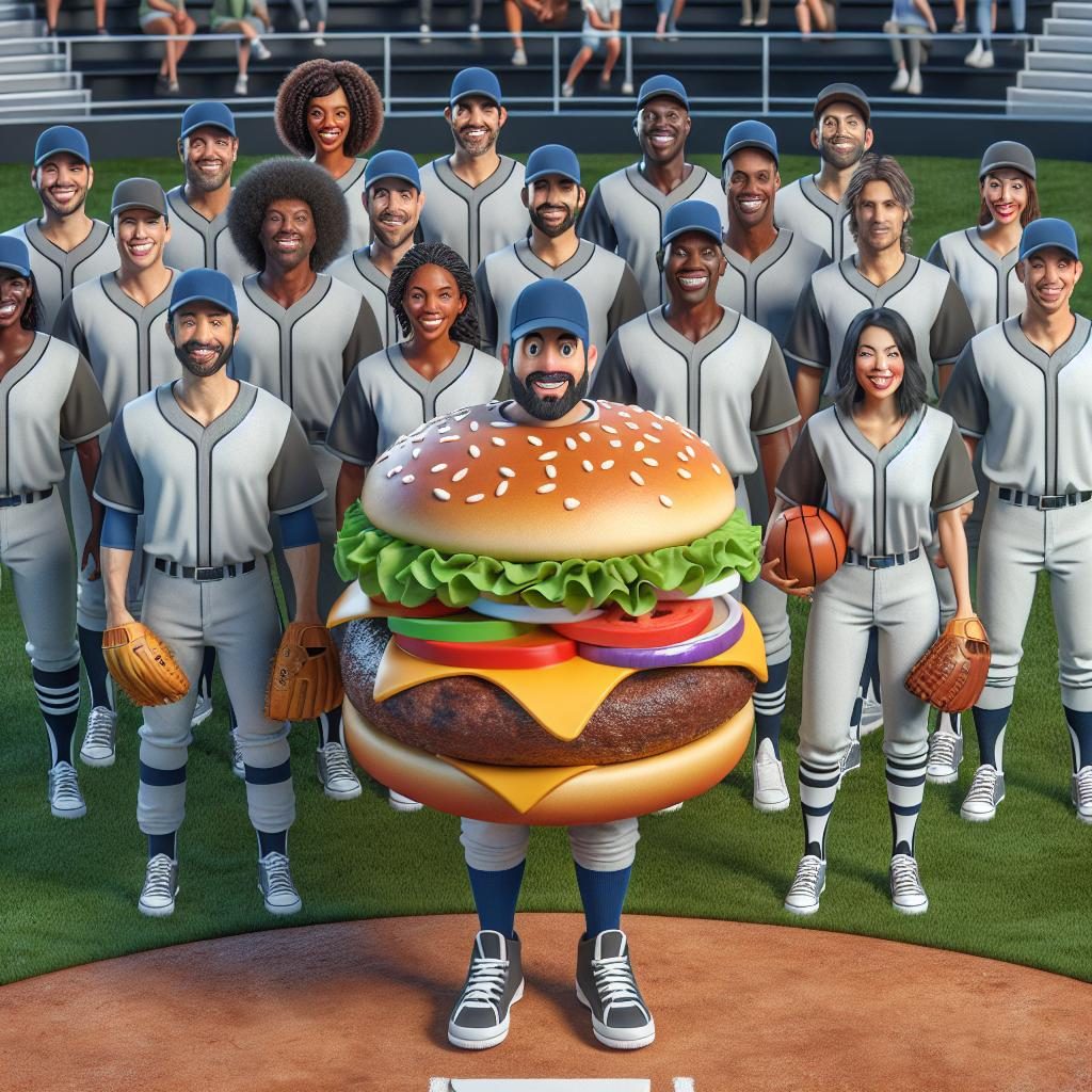 Baseball team with hamburger mascot.