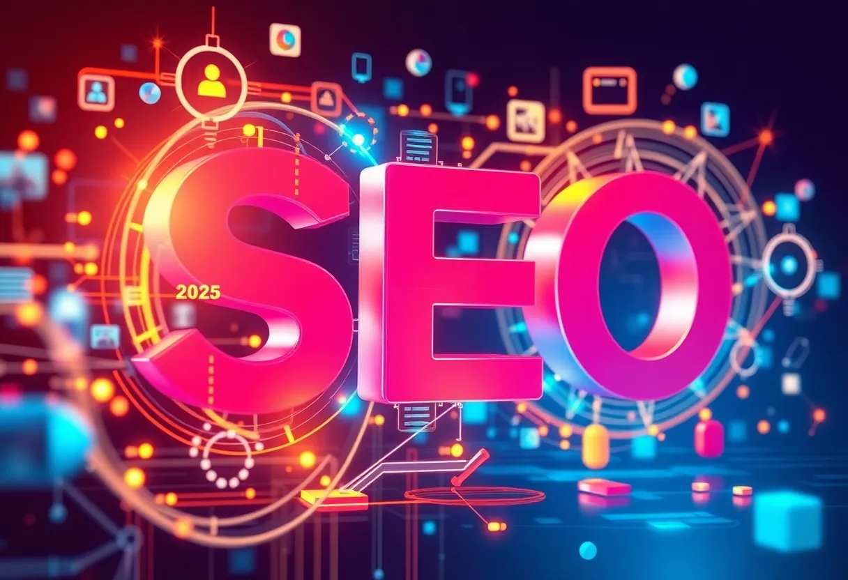 Visualization of SEO trends in 2025 focusing on AI and user-generated content.