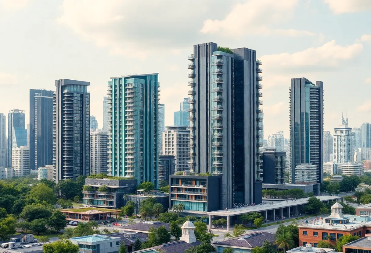 Futuristic skyline representing the 2025 real estate market with modern buildings and green spaces.