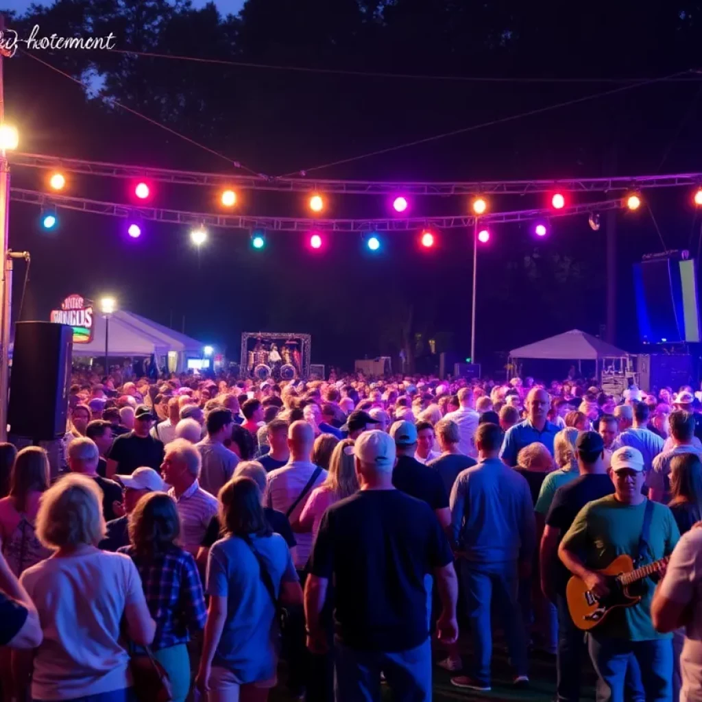 Outdoor concert in Spartanburg showcasing local musicians and colorful lights.