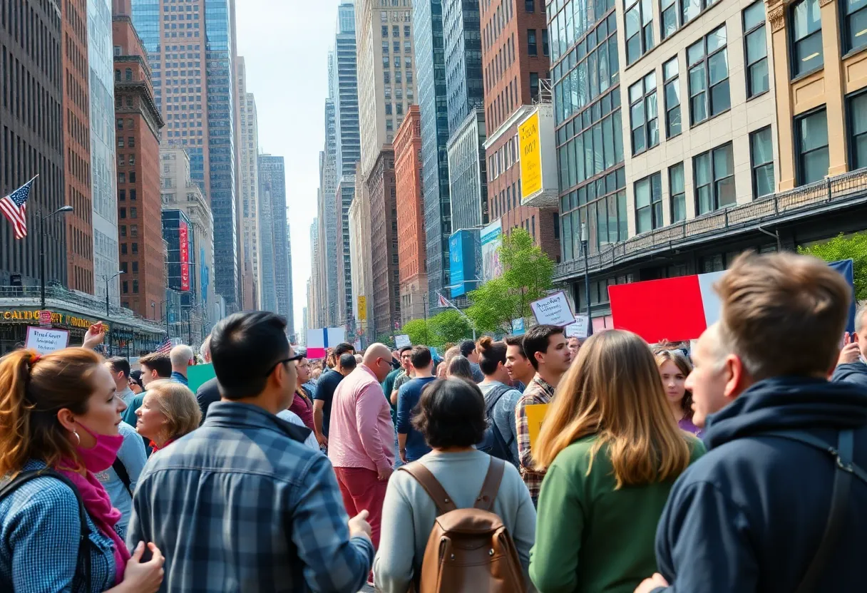 People engaging in civic discussions in a diverse New York City setting