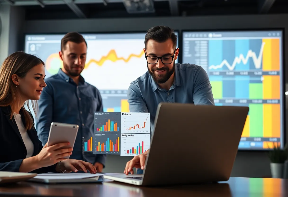 Marketing team evaluating social media analytics on a laptop
