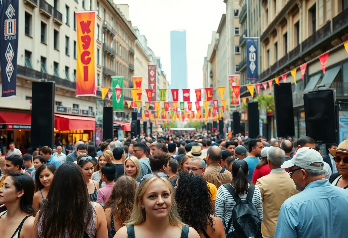 Outdoor concert in Spartanburg with a lively crowd and musicians performing.