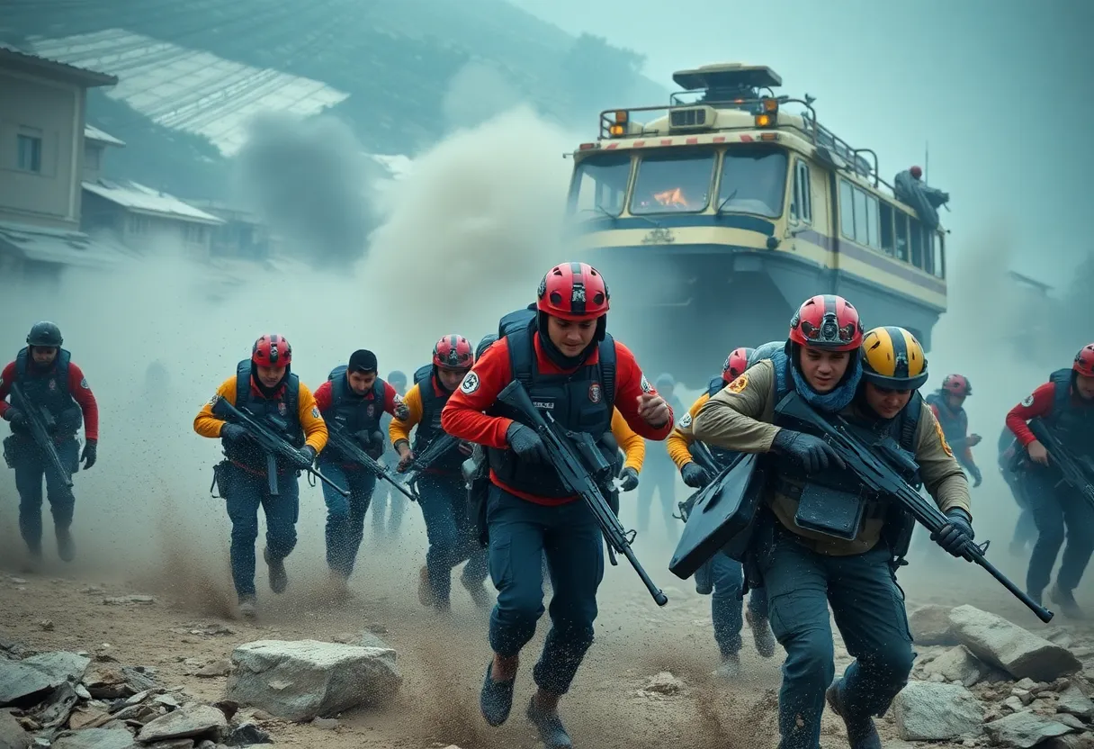 A rescue operation underway in a war-torn area with soldiers and rescue team members.