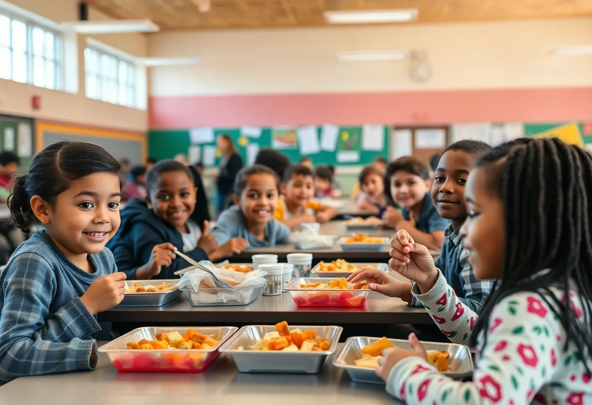 Diverse group of students in a school cafeteria enjoying free meals together.