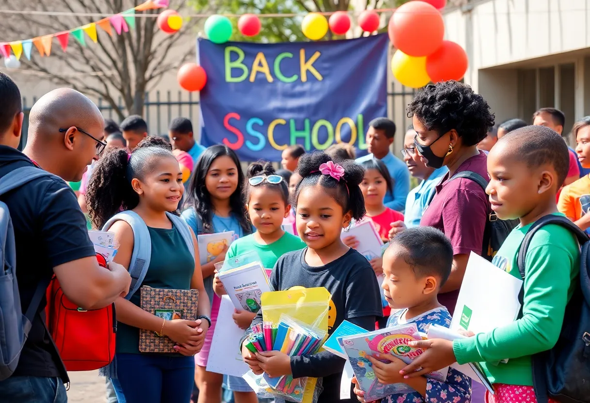 Families participating in back-to-school events receiving school supplies.