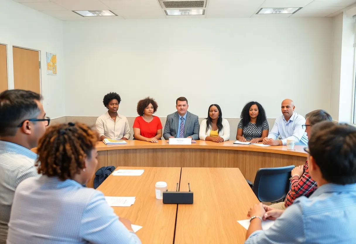 School board members in a meeting discussing superintendent search