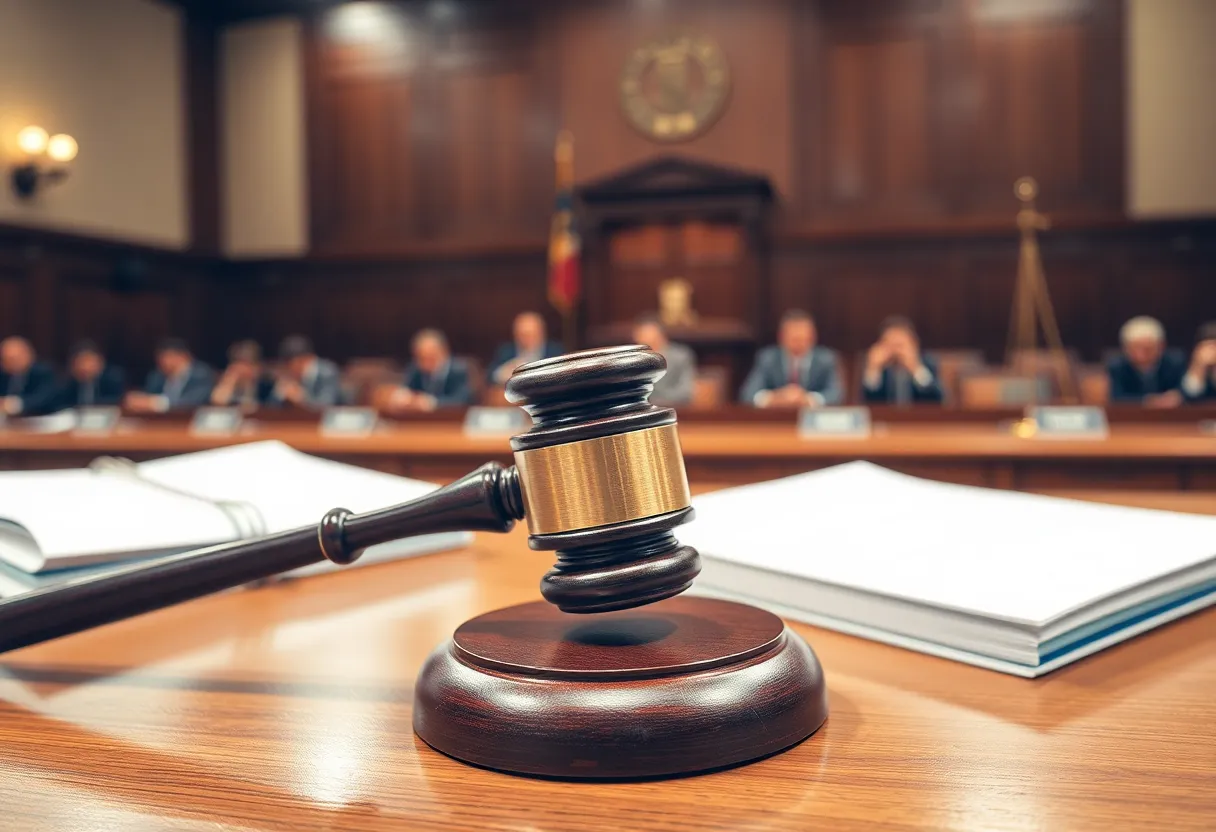A courtroom with a gavel and legal documents symbolizing justice.