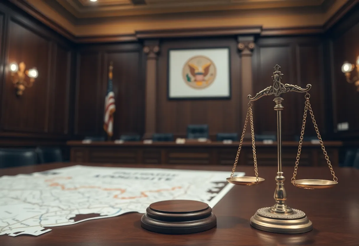 Courtroom representing legal action on redistricting