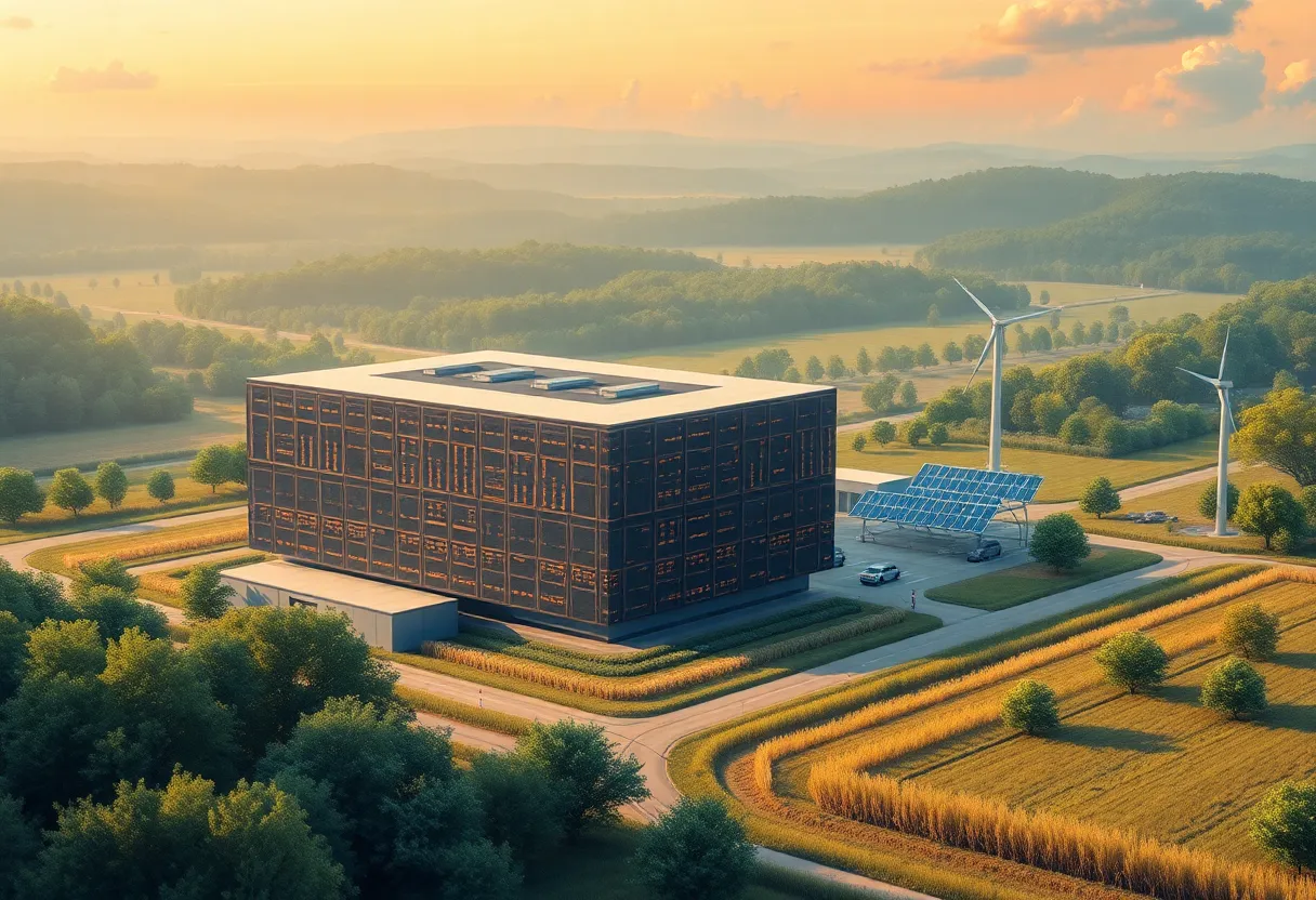 Illustration of a data center surrounded by rural landscapes in Spartanburg County