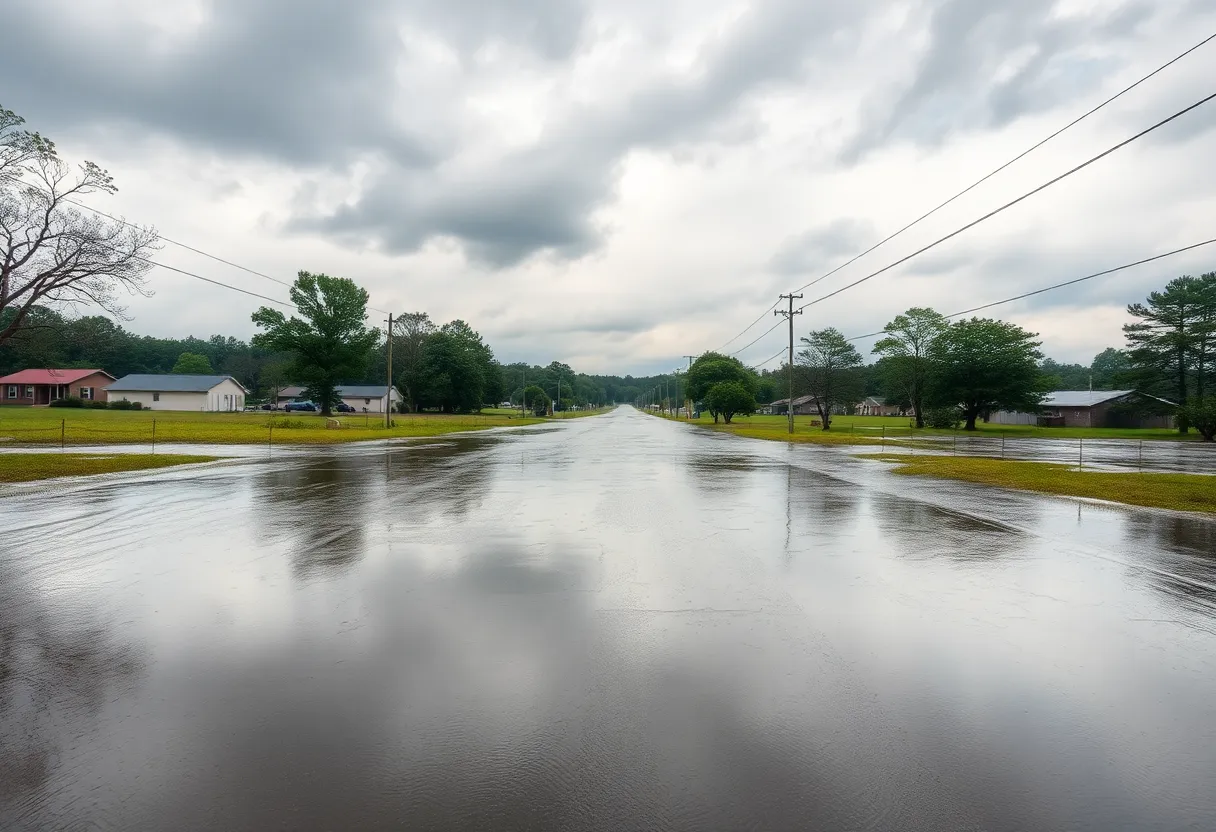 A flooded street in Spartanburg with overgrown grass and a cloudy sky.