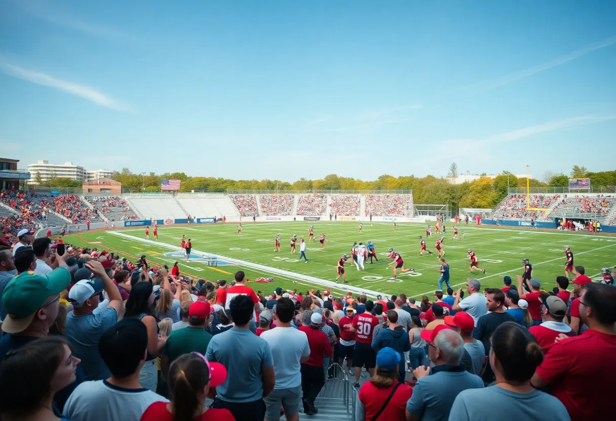 A high school football game in progress with cheering fans and players in uniform.