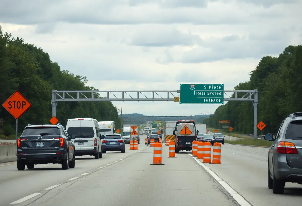 Traffic on I-85 in a construction area in Spartanburg, South Carolina.