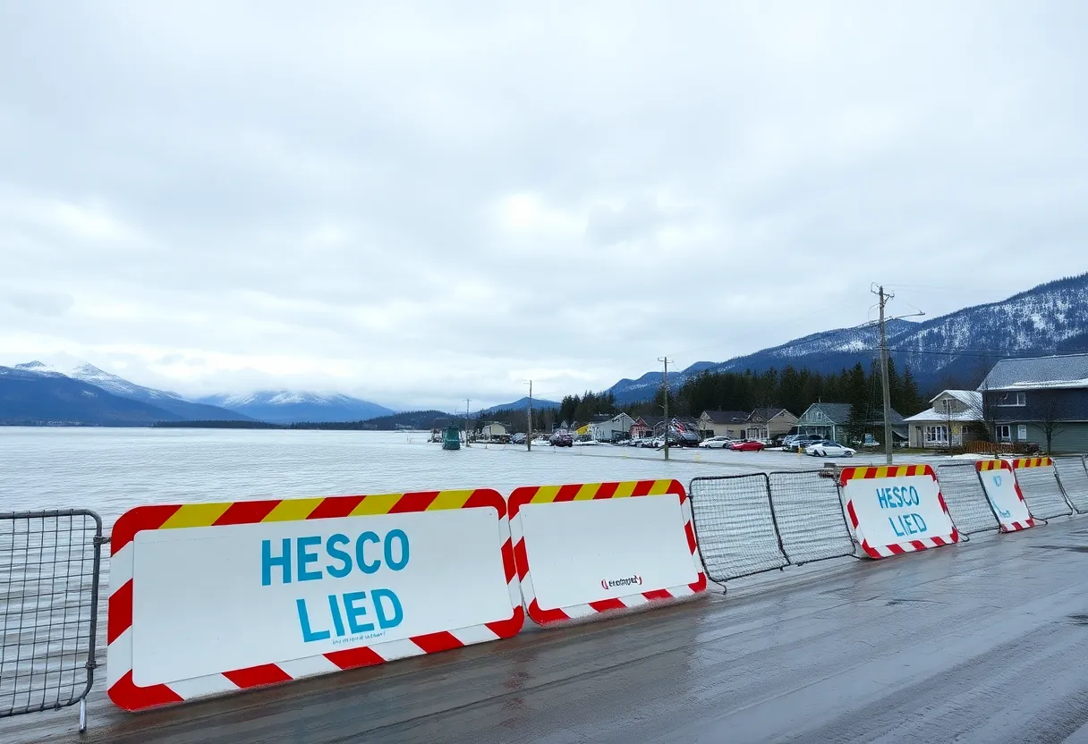 Flooded streets in Juneau, Alaska with Hesco barriers protecting homes