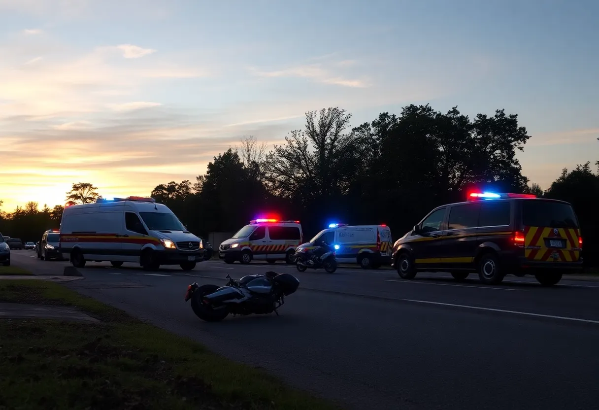 Scene of a motorcycle accident with emergency response vehicles