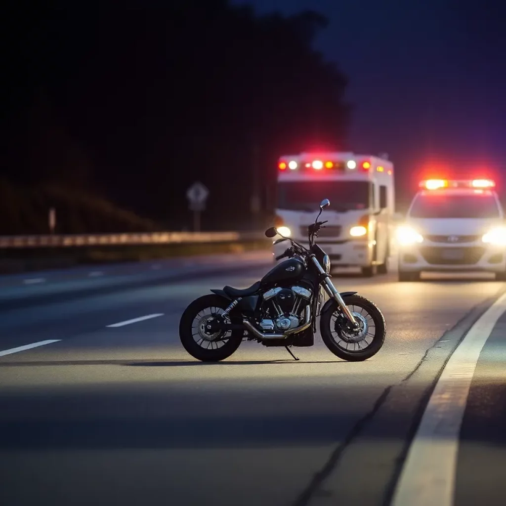 Scene of a motorcycle accident with emergency responders present