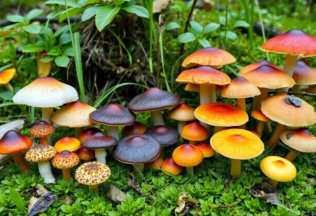 Assorted mushrooms in a forest after rainfall
