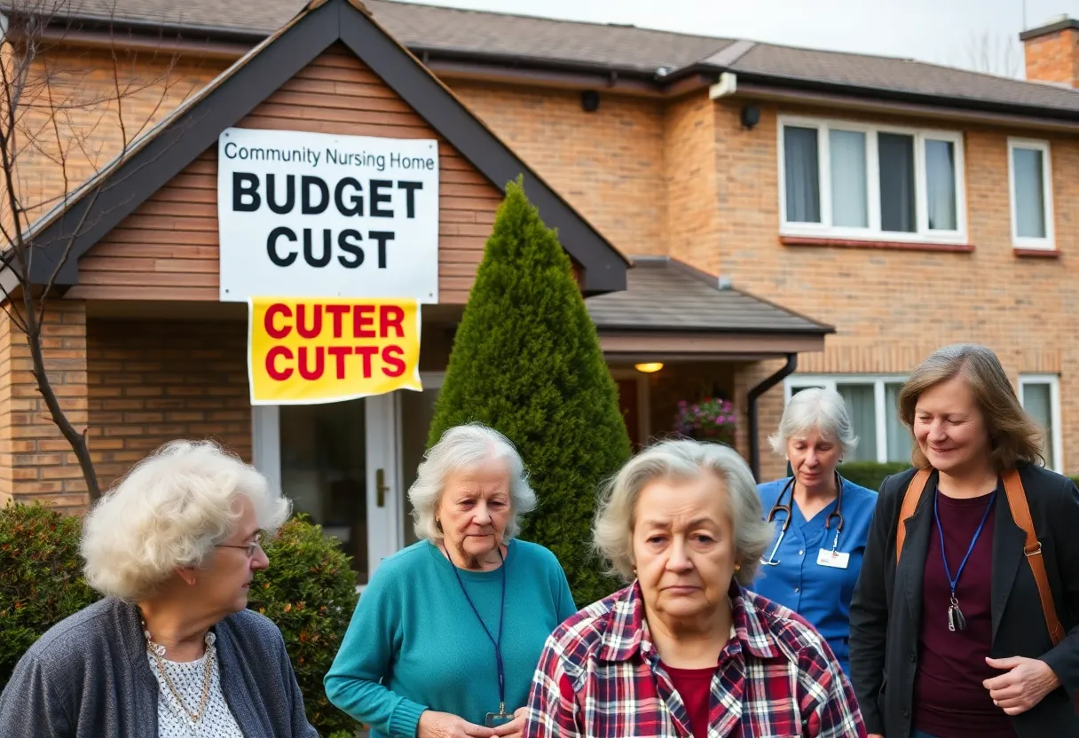 Elderly residents and caregivers outside a nursing home discussing budget cuts.