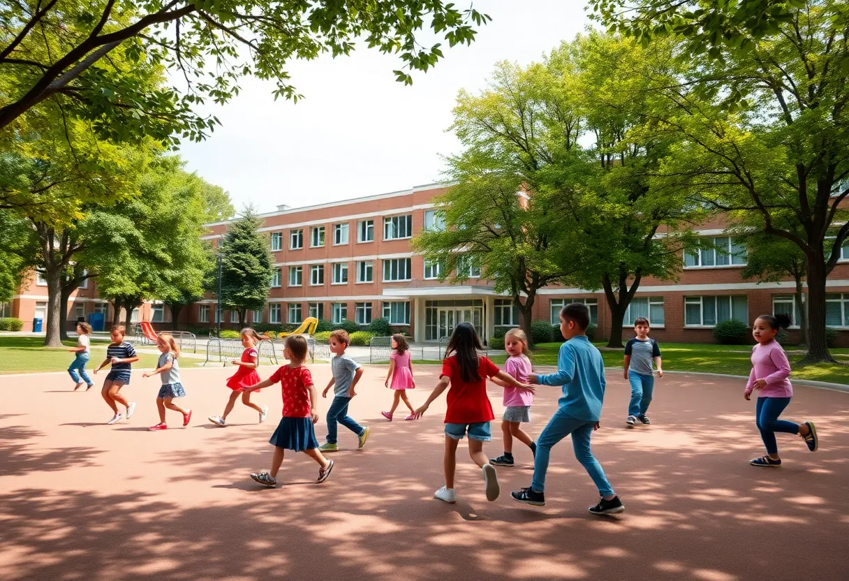 Children playing in a safe school playground surrounded by nature.