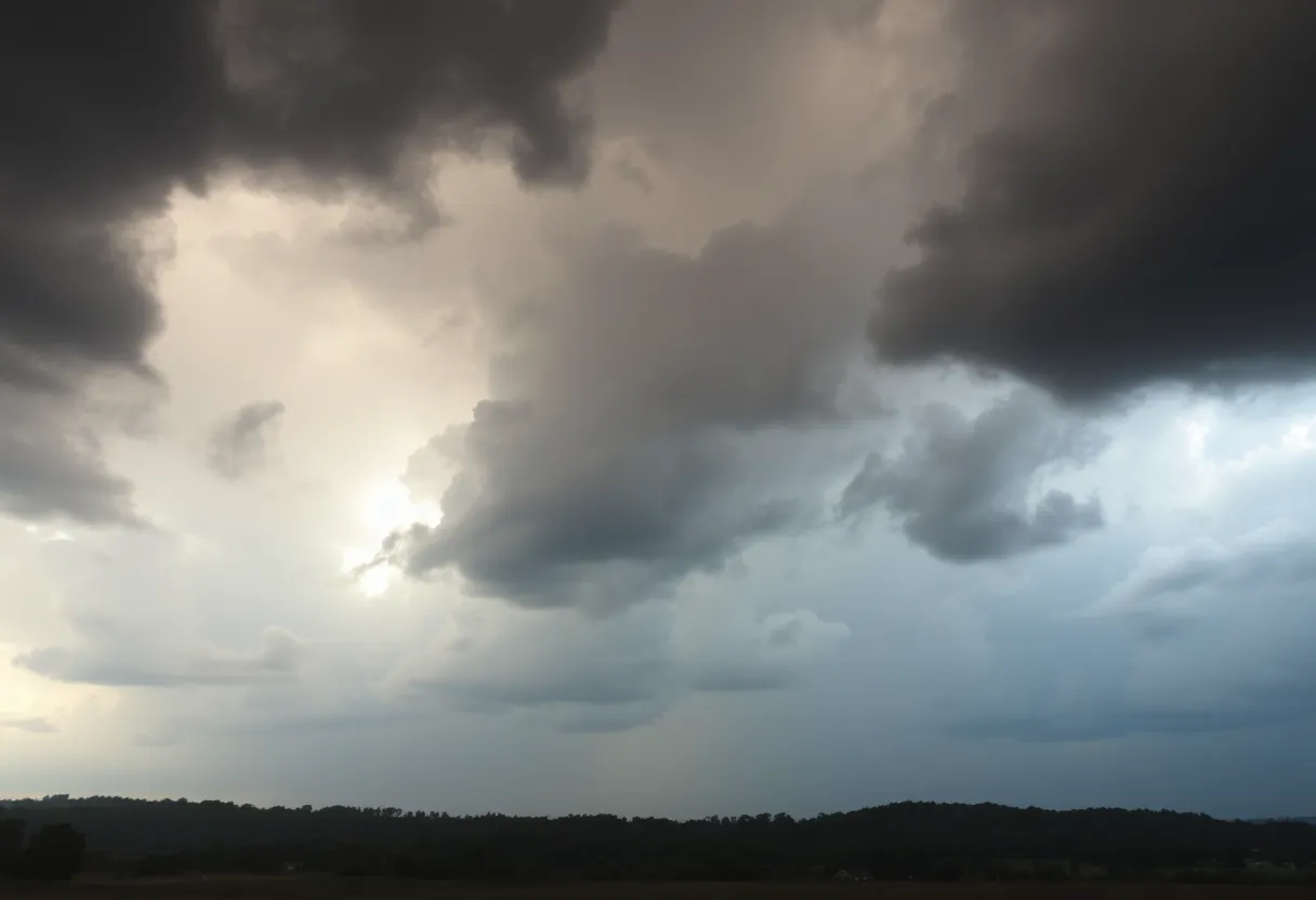 Stormy sky with dark clouds over a rural area indicating severe weather conditions