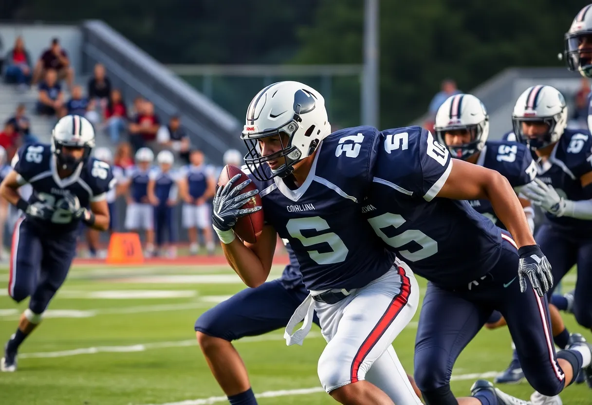 High school football players in action during a match in South Carolina.