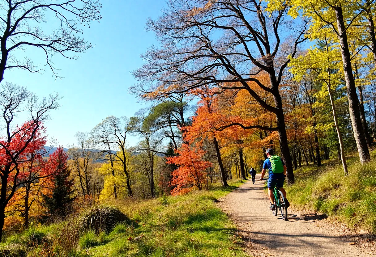 A scenic trail in Spartanburg with hikers and cyclists
