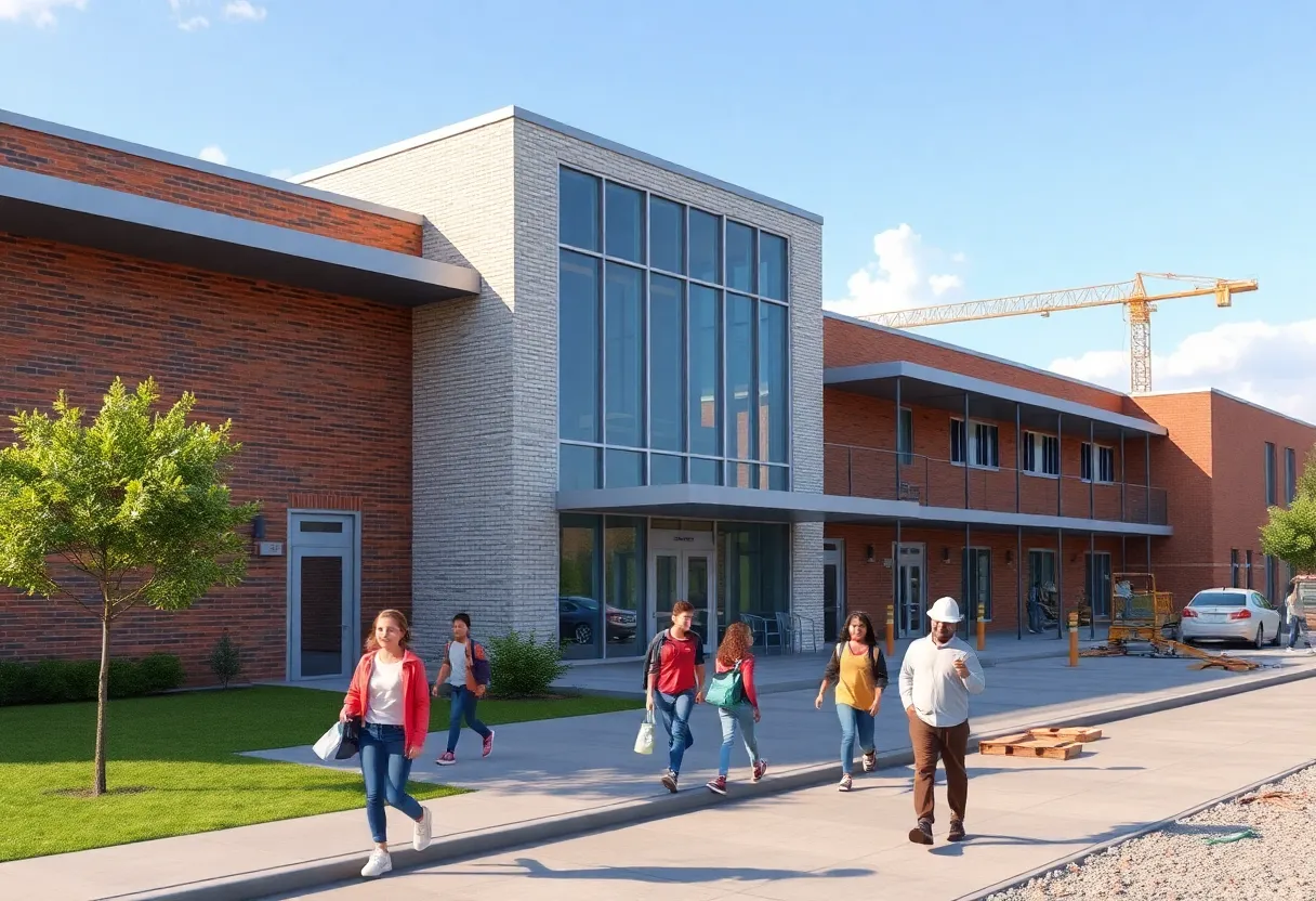 Renovated school facilities with students and construction works