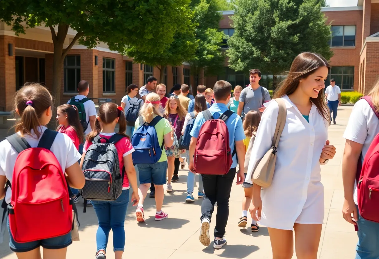 Students arriving at school on the first day of the new academic year.