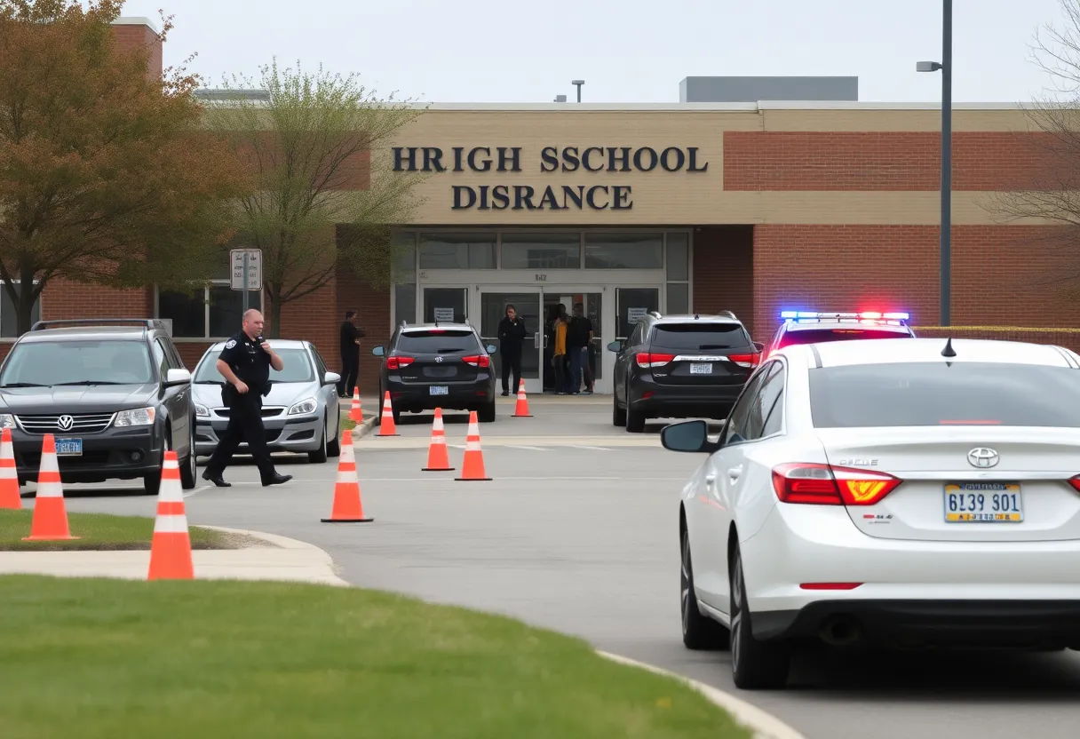Traffic disruption at the entrance of Dorman High School with police directing vehicles.