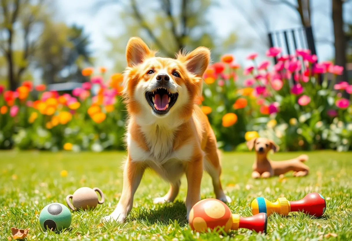 Vinny, a three-legged dog, playing with toys in a park