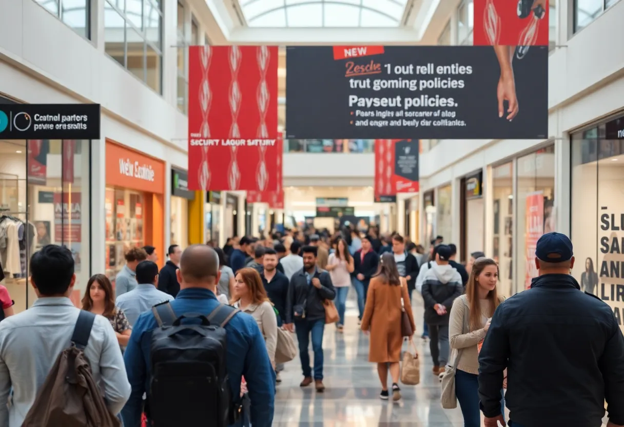 Interior of WestGate Mall with shoppers and security signage