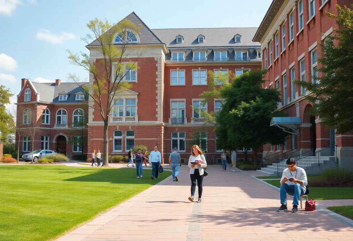 Campus view of Wofford College with students studying