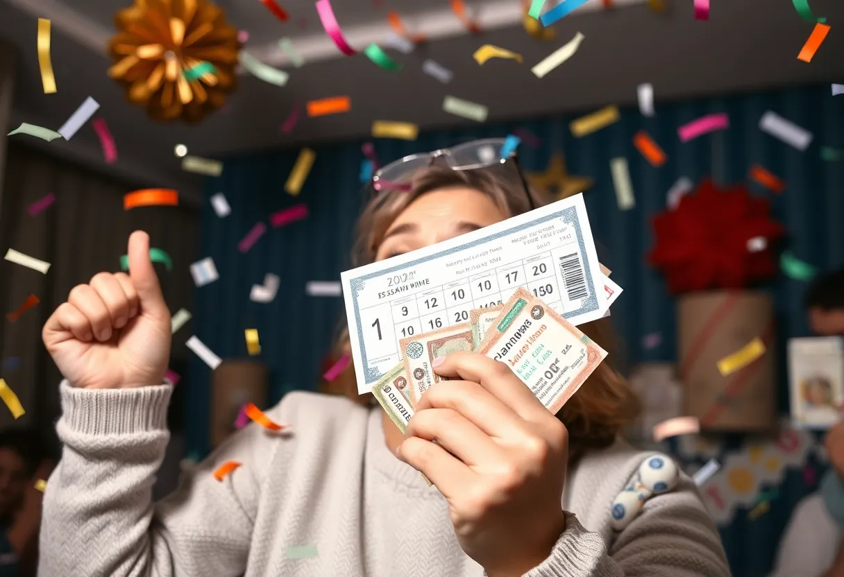 A joyful scene of a simulation of a lottery winner celebrating with confetti and colorful decorations.
