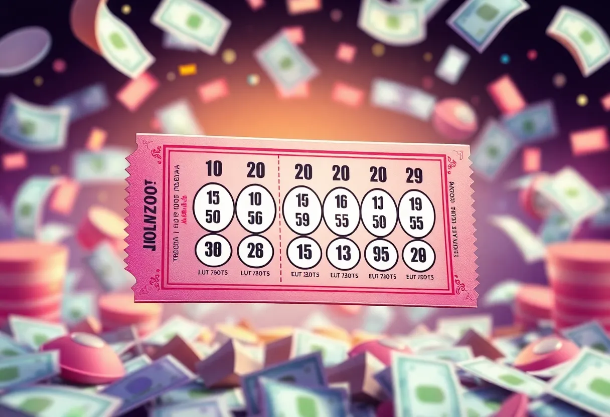 Illustration of a lottery ticket and money representing the Mega Millions jackpot