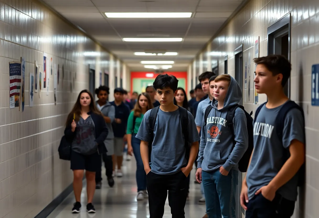Students in a hallway at Boiling Springs High School amid an investigation.
