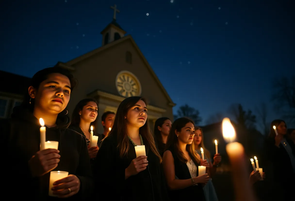 Students gathered at Wofford College's Mickel Chapel for a candlelight vigil, holding candles in remembrance.