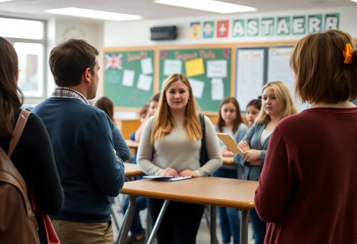 Parents and teachers discussing concerns over student safety in a school setting.