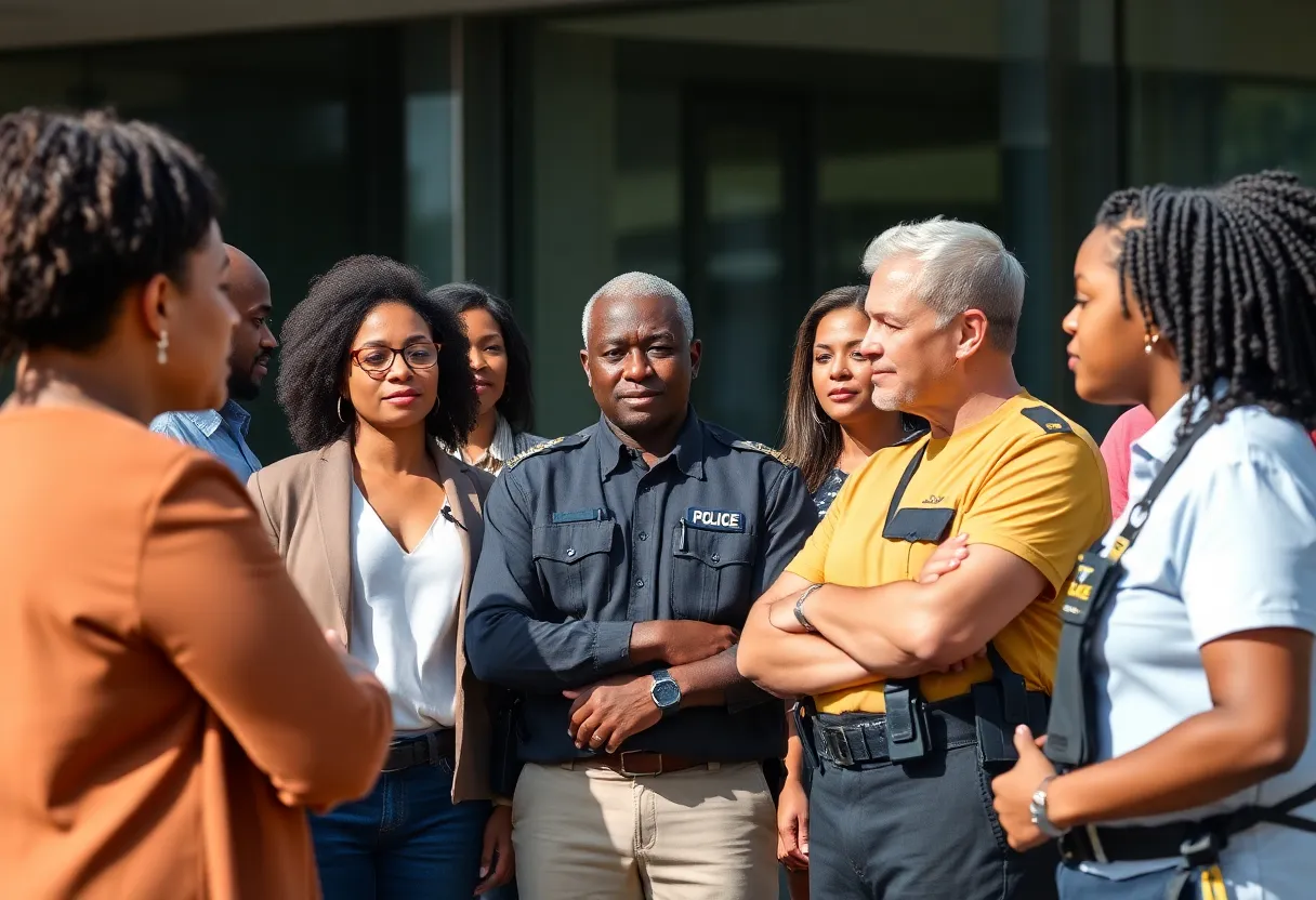 Diverse community members engaging in discussion about police oversight.