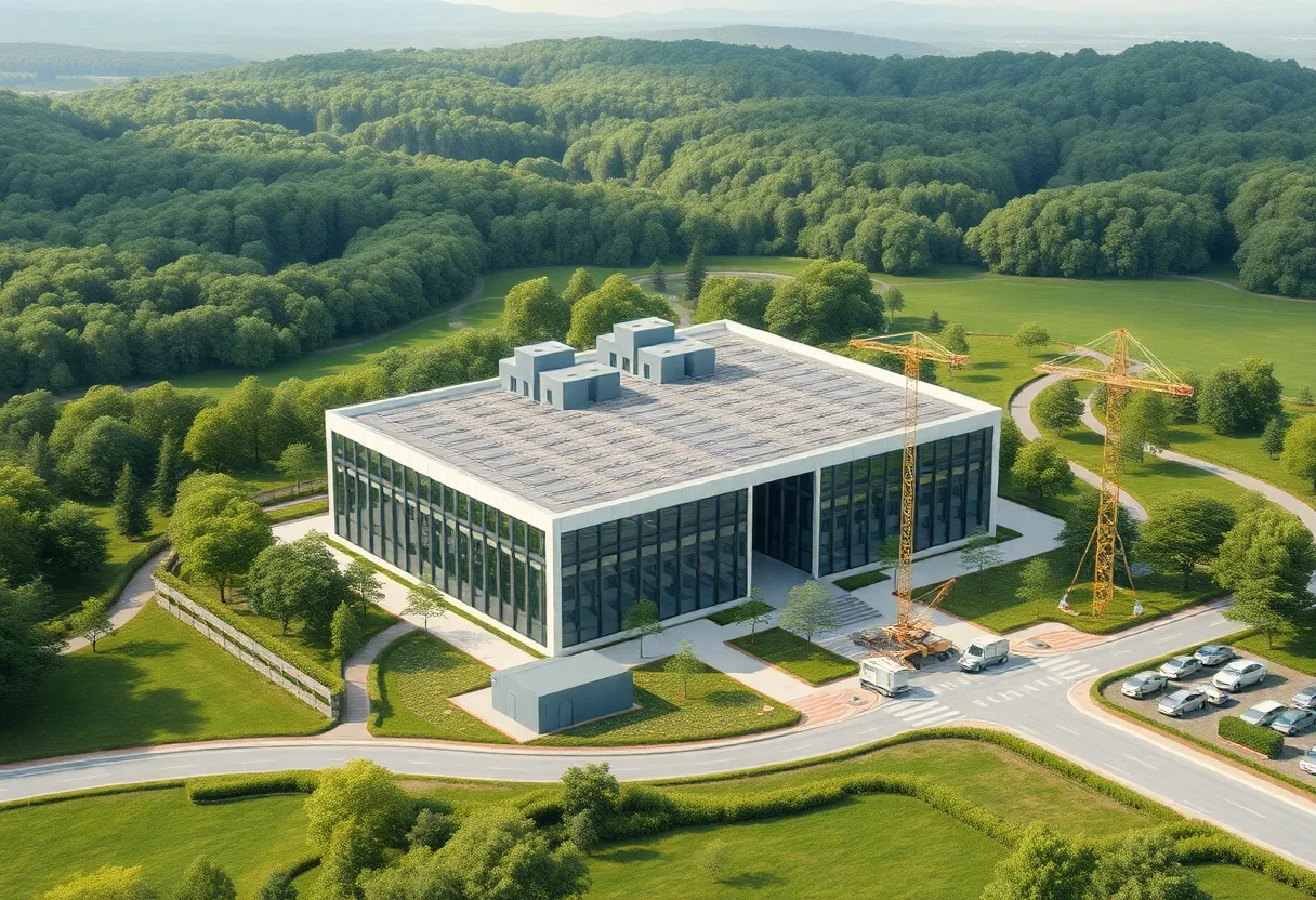 Rendering of the new data center in Spartanburg County with green surroundings.