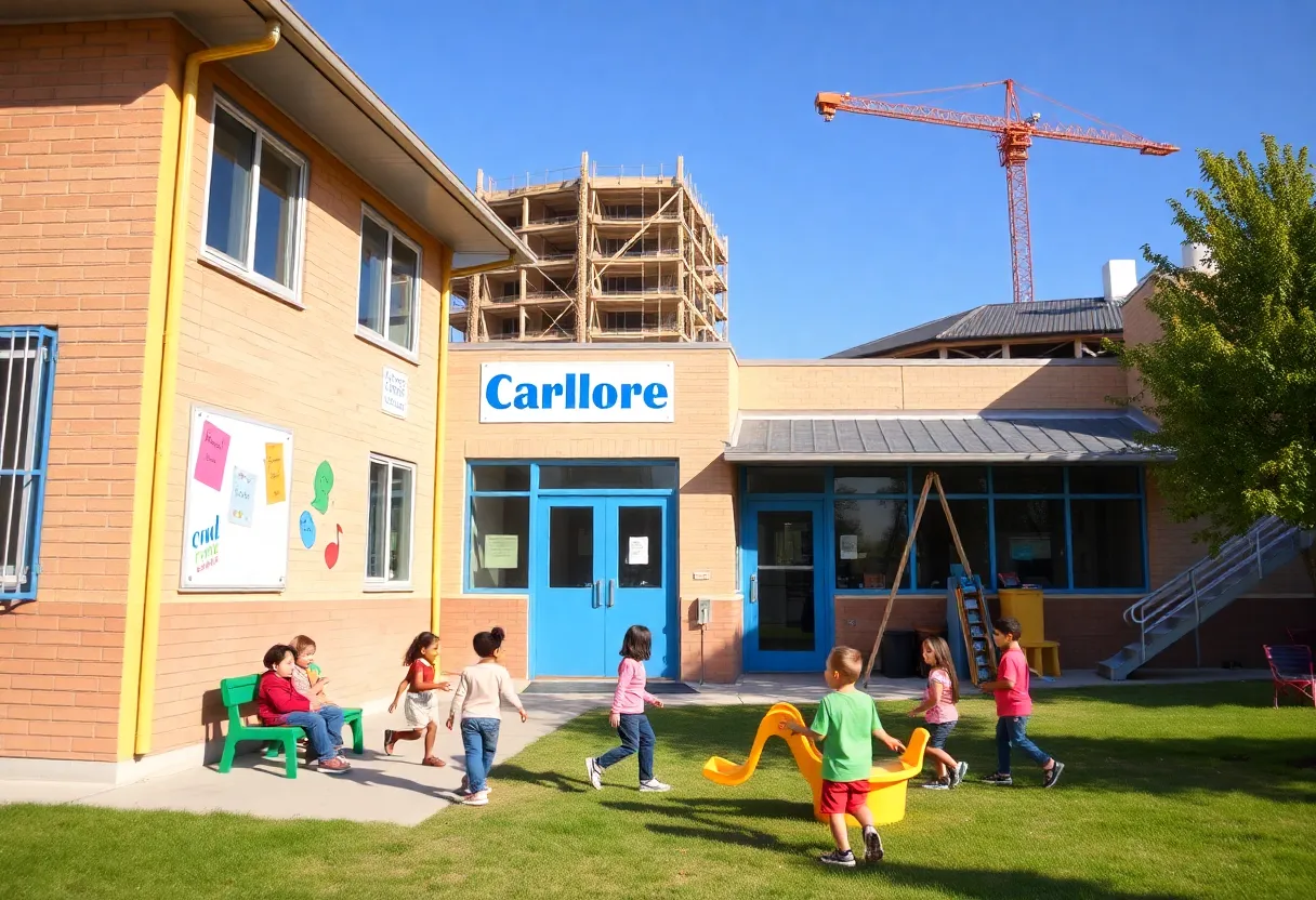 Children playing at the new child care center site at Mary H. Wright Elementary