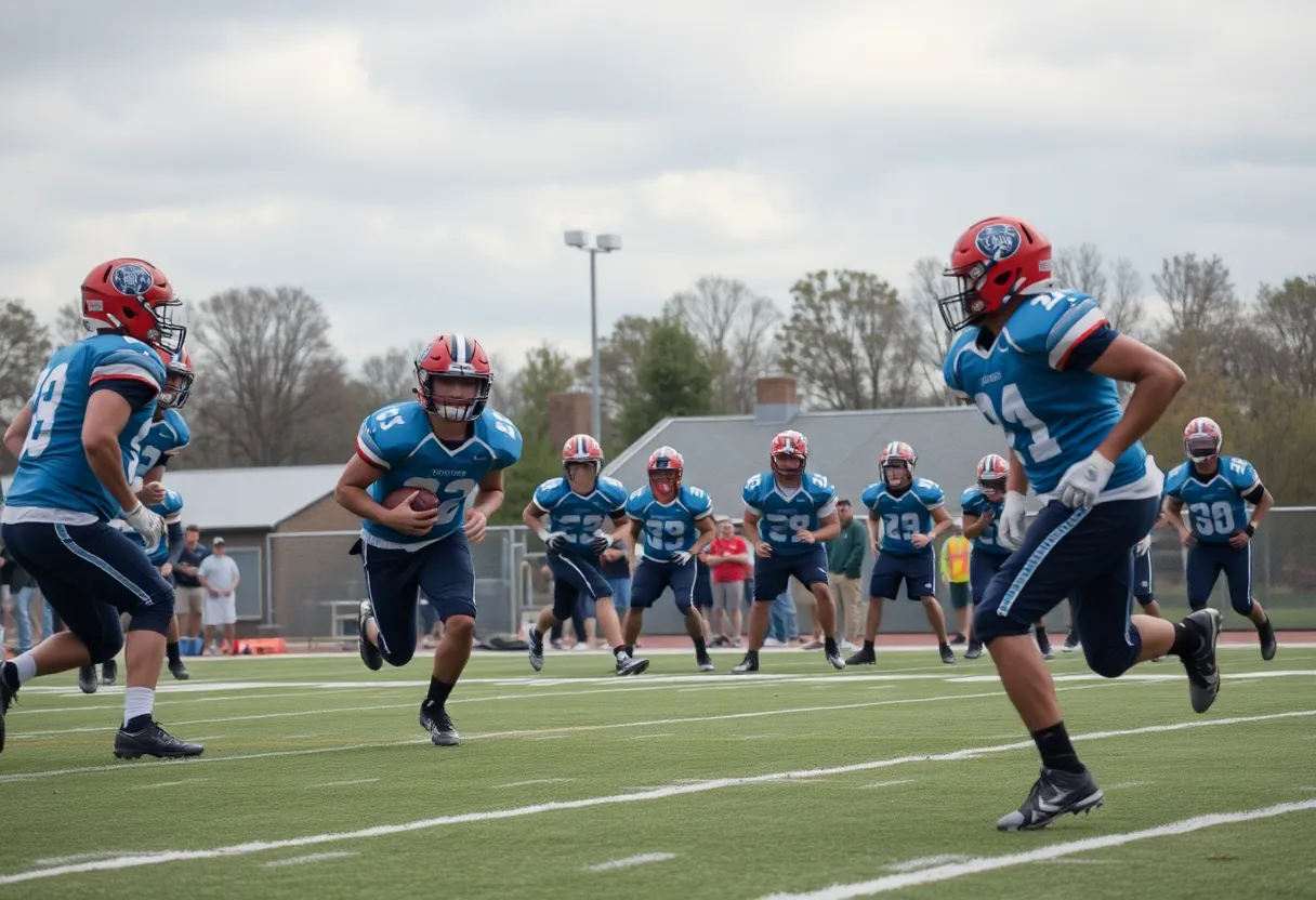 High school football players practicing on a field in South Carolina