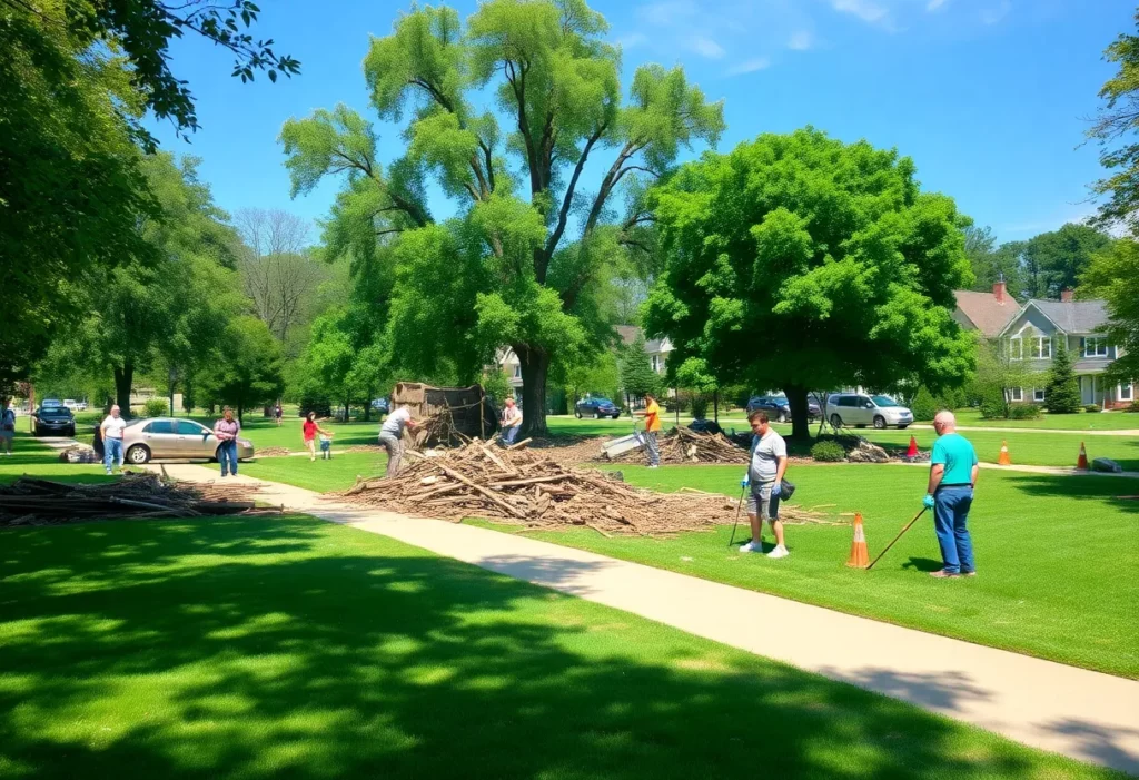 Community members working together to recover from Hurricane Helene in a park.