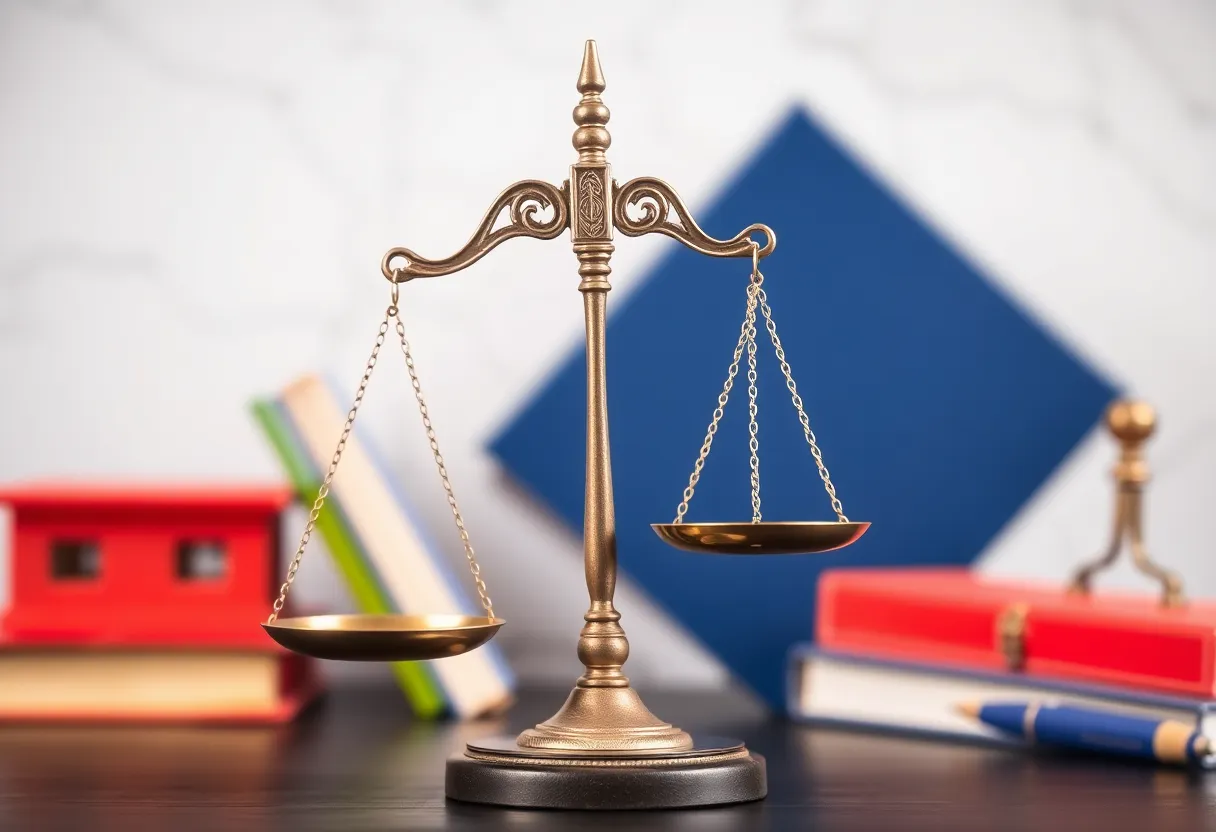 A balanced scale symbolizing justice in front of educational elements.