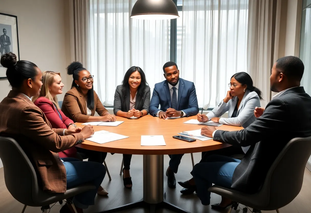 Professionals engaging in a leadership workshop