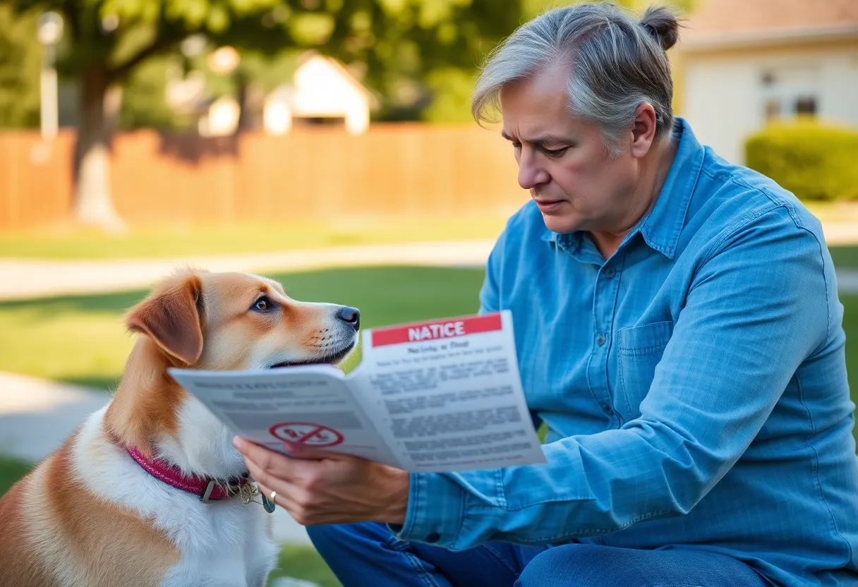 A concerned pet owner reading a rabies warning notice outdoors