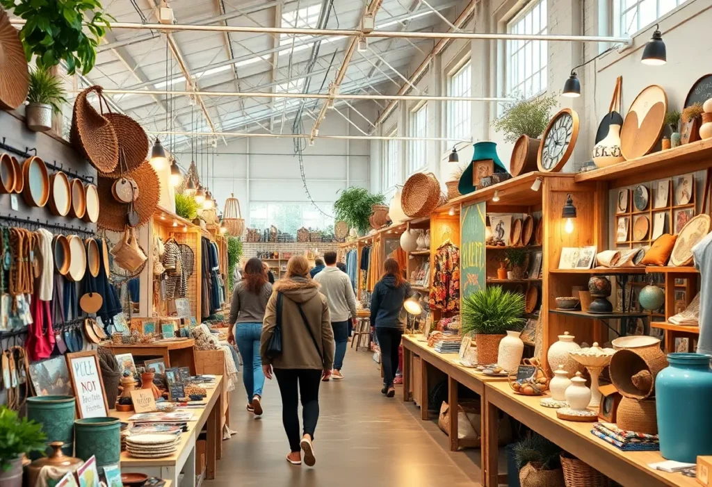 Vibrant shopping marketplace with various boutique vendors