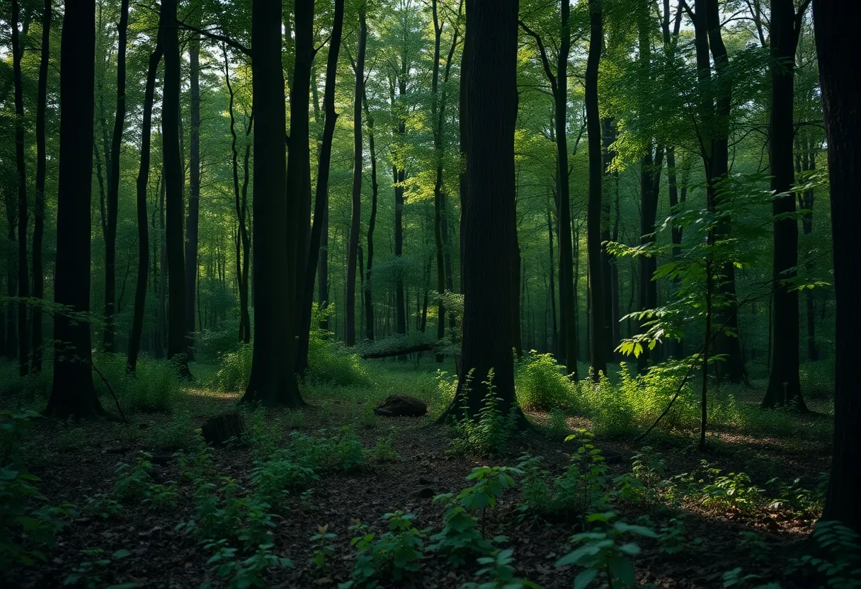 A peaceful forest landscape symbolizing unsolved crimes.
