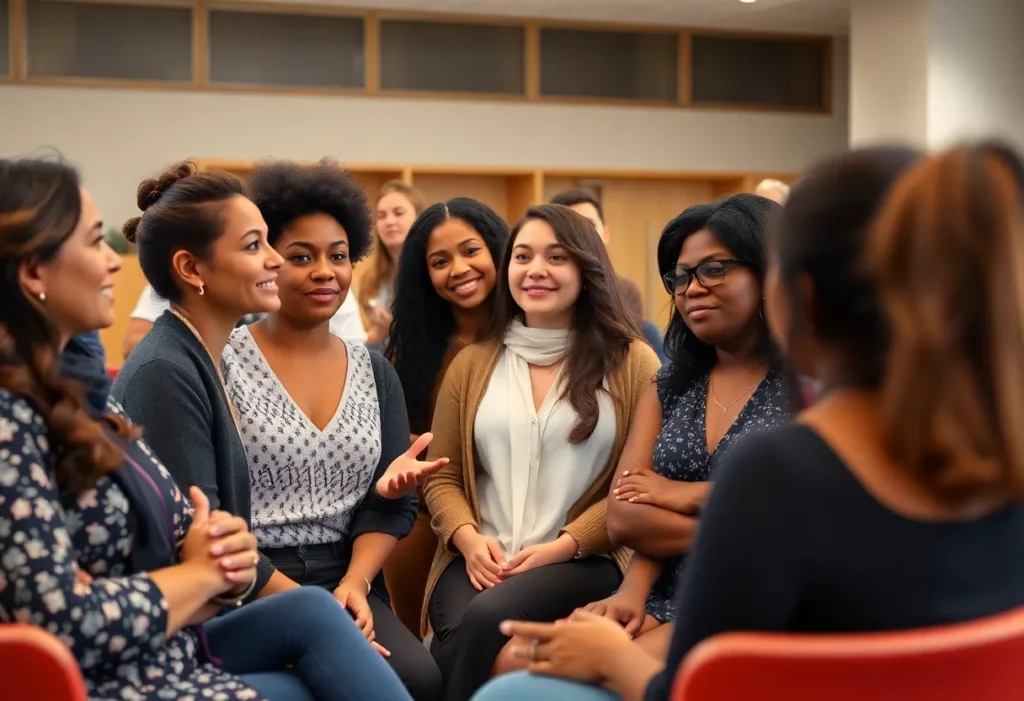 A group of women discussing leadership topics at an event